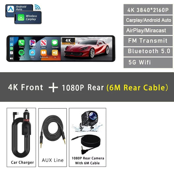 11.26 Inch 4K Dash Cam With CarPlay Android Auto Dual Lens WiFi GPS Bluetooth - stepyours.com