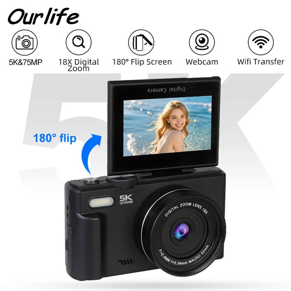 Ourlife Compact 5K Digital Camera With 18X Zoom 75MP 180 Flip Screen WiFi - stepyours.com
