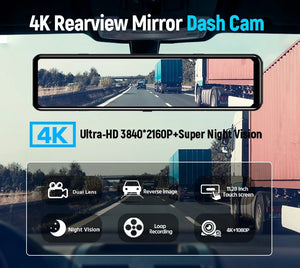 ACCEO 4K WiFi Dash Cam With 12 Inch Rear View Mirror Car DVR - stepyours.com