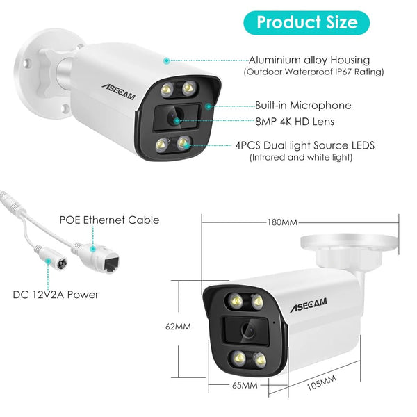 New 4K 8MP IP Camera PoE H265 Outdoor Color Night Vision Bullet Cam - Rugged - stepyours.com