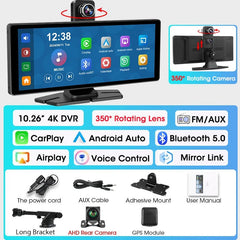 4K Dash Cam CarPlay Android Auto 350 Degree Rotating Lens GPS Bluetooth 7 Inch - stepyours.com
