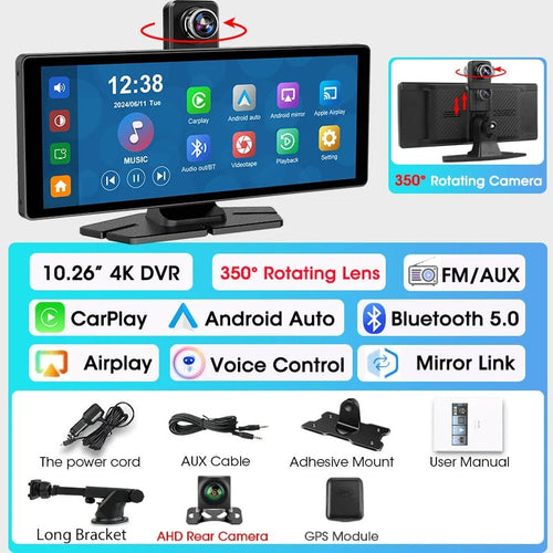 4K Dash Cam CarPlay Android Auto 350 Degree Rotating Lens GPS Bluetooth 7 Inch - stepyours.com