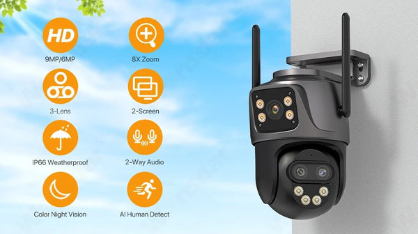 Wonsdar 6K 9MP IP Camera 8x Zoom Tri Lens PTZ With Dual Screen iCSee App - stepyours.com