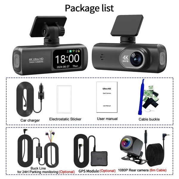 Kocam UHD 4K Dash Cam Dual Lens Front And Rear WiFi GPS 24H Parking Monitor - stepyours.com