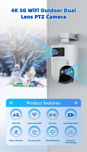 4K PTZ Outdoor IP Camera Dual Lens Auto Tracking Color Night Vision 5G WiFi - stepyours.com