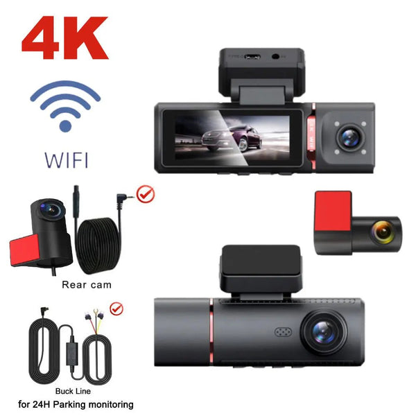 Sherway 3 Channel 4K Car Dash Cam With GPS Recorder 170 Degree Front Lens LCD - stepyours.com