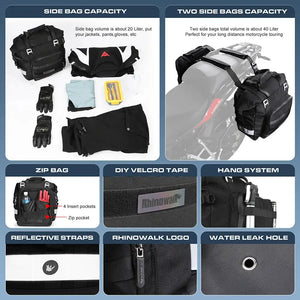 Rhinowalk Motorcycle Side Bag Fully Waterproof Inside 20L Expand 30L Universal Hook Saddle Bag With Removable Motorbike Luggage