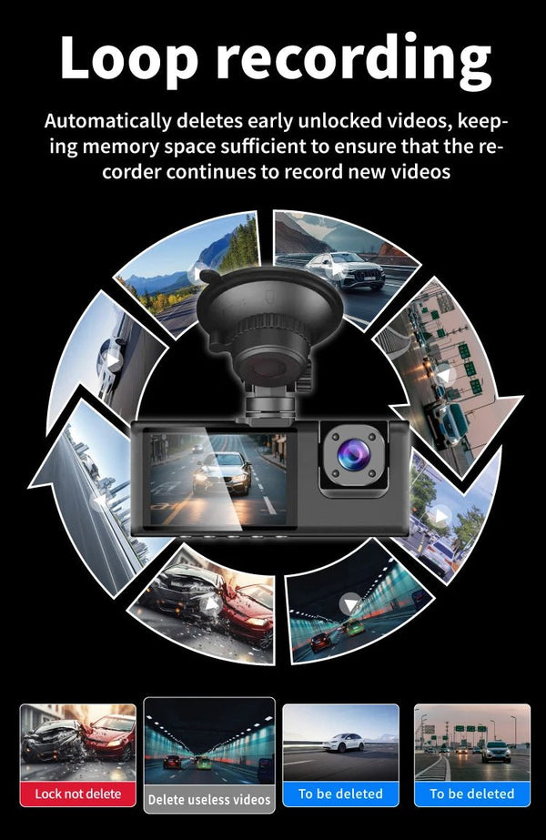 3 Channel Car Dash Camera 1080P Front Rear Cabin Night Vision - stepyours.com