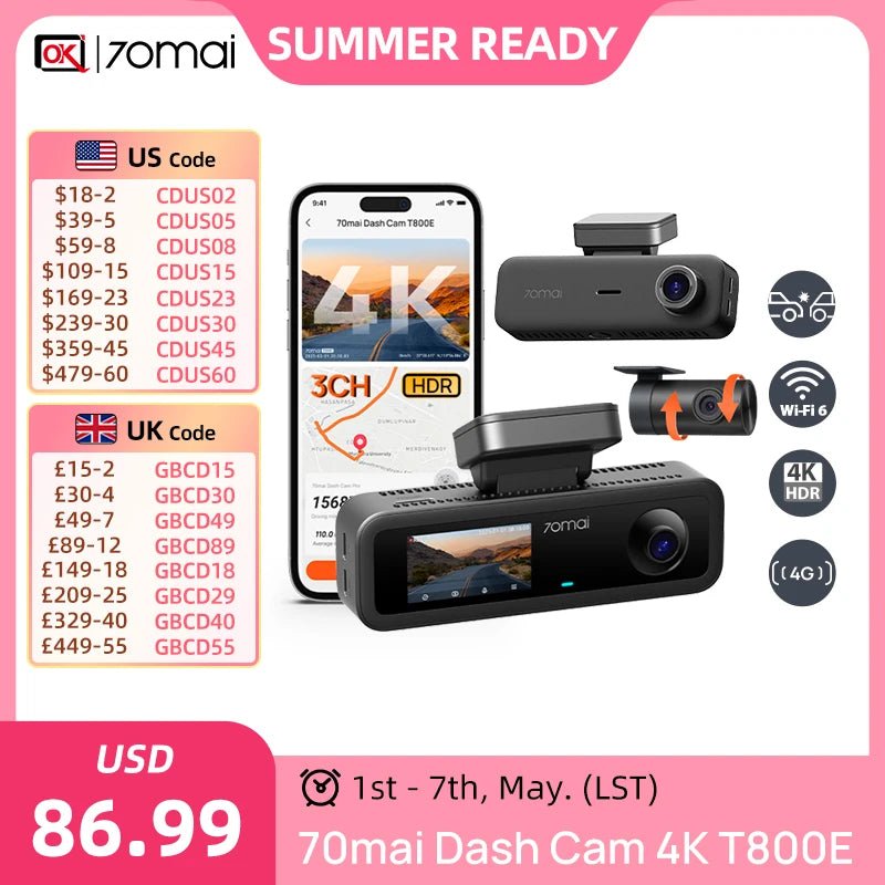 70mai T800E 4K Dash Cam 3 Channel Car DVR With Rear And Interior 1080P HDR GPS - stepyours.com