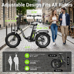 Spacewalk 1500W Foldable Electric Bike for Adults 20x4.0 Folding E-Bike 48V 15Ah Removable Battery 28MPH Long Range 45-60 Miles 7-Speed Gears 5 PAS with NFC Unlock