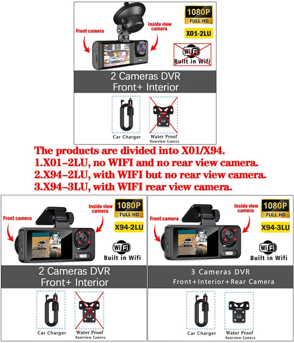 3 Channel 1080P Dash Cam For Cars With WiFi DVR Night Vision Rear View Camera - stepyours.com