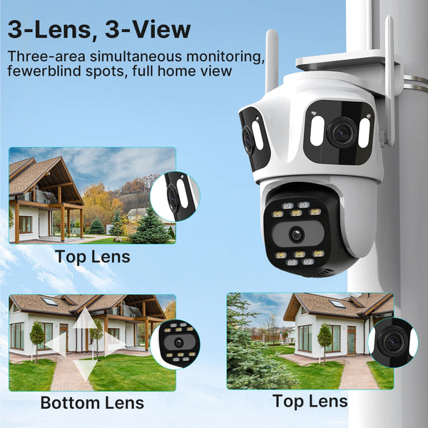 Three Lens PTZ IP Camera Outdoor WiFi Security Auto Tracking Three Screen App by stepyours.com