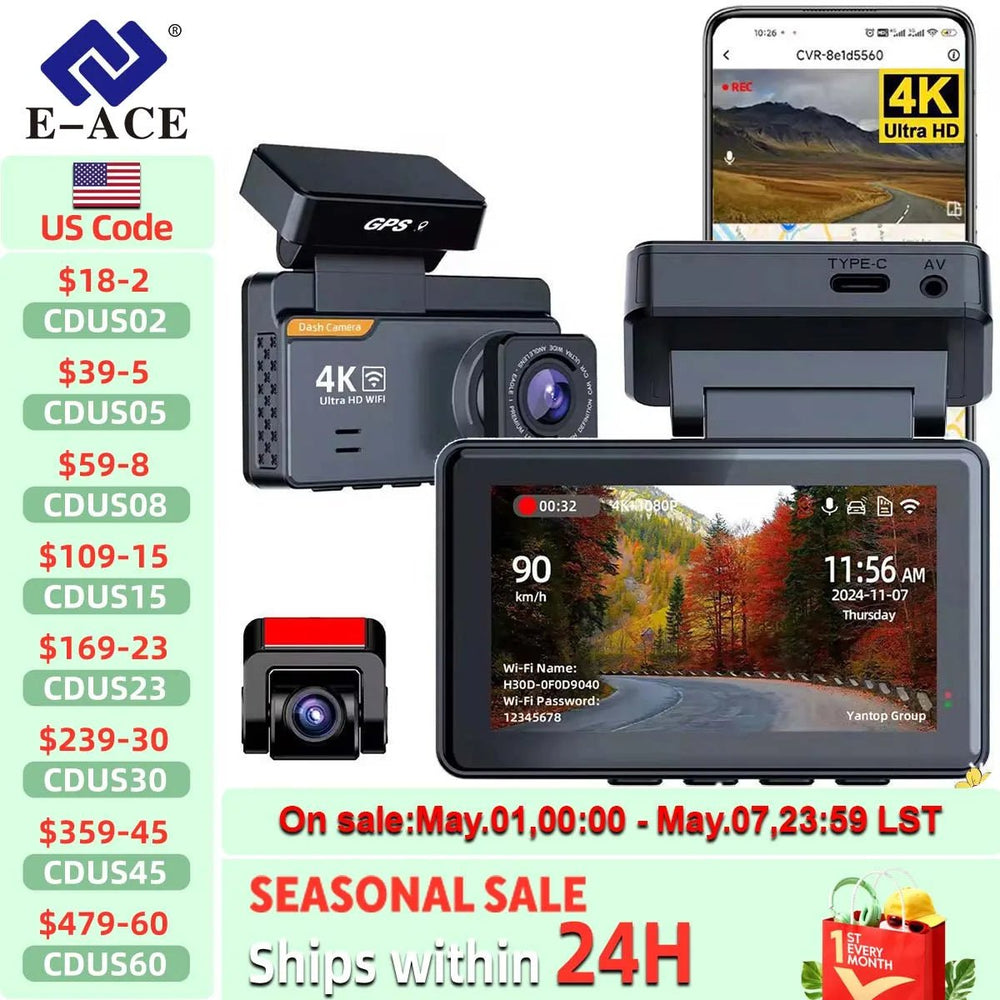 E - ACE Dash Cam 4K Dual Lens GPS WiFi 24h Parking Night Vision Rear View - stepyours.com