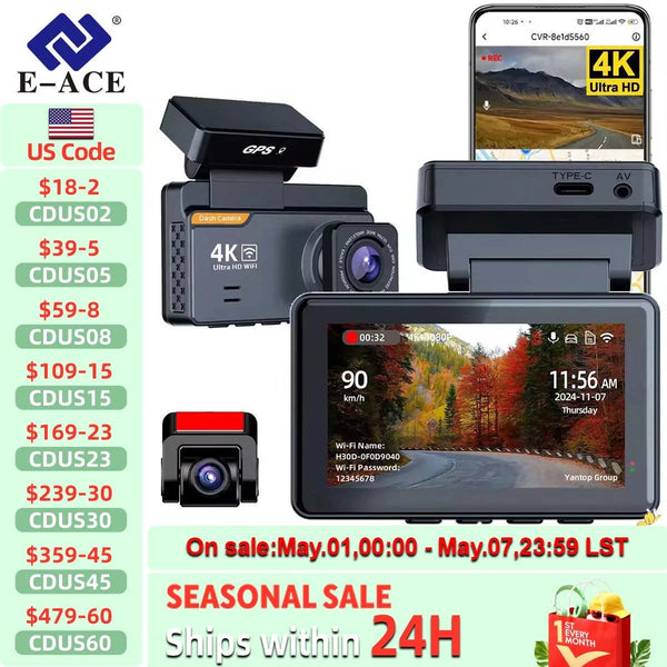 E - ACE Dash Cam 4K Dual Lens GPS WiFi 24h Parking Night Vision Rear View - stepyours.com