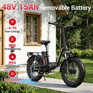 Spacewalk 1500W Peak Motor Fat Tire Electric Bike for Adults 20x4.0 Folding E-Bike 48V 15Ah Electric Bicycle Removable Battery with NFC Unlock 28MPH Long Range 45-60 Miles 7-Speed Gears 5 PAS UL2849