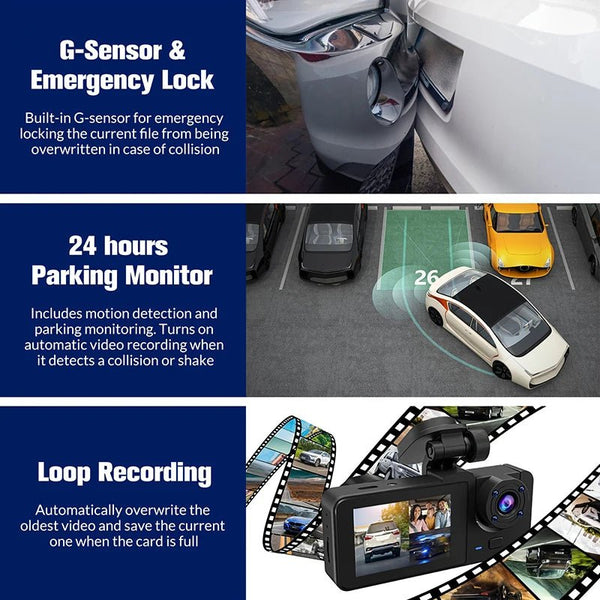 Triple Lens WiFi Dashcam Two Three Channel 1080P Night Vision Front And Rear - stepyours.com