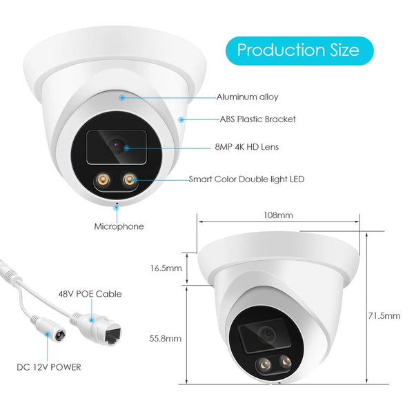 4K 8MP Outdoor IP Camera PoE H265 Onvif AI Color Night Vision 2.8mm - stepyours.com