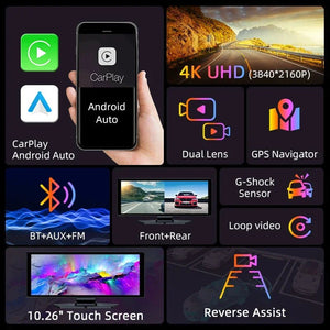 4K Dash Cam With Wireless CarPlay Android Auto GPS 7 Inch Or 10.26 Inch - stepyours.com