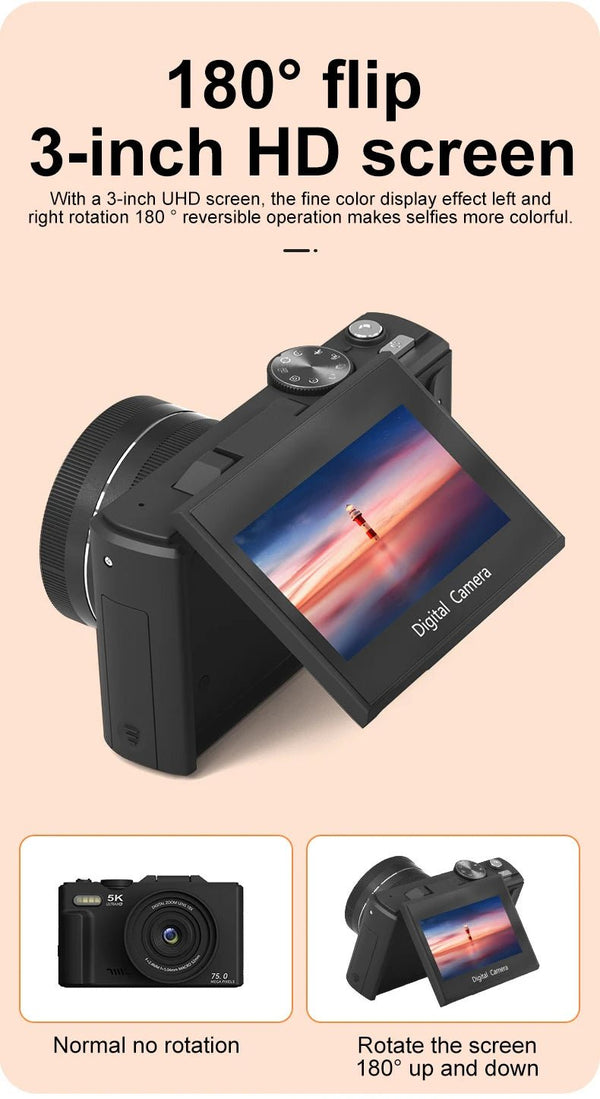 Ourlife Compact 5K Digital Camera With 18X Zoom 75MP 180 Flip Screen WiFi - stepyours.com
