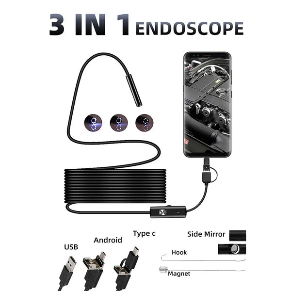 Practical 7mm Android Endoscope - 3 In 1 USB Micro USB Type - C Borescope IP67 - stepyours.com