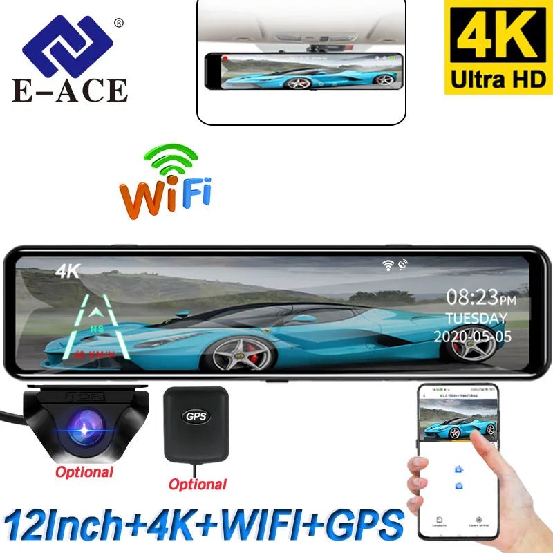 ACCEO 4K WIFI Dash Cam 12 Inch Rearview Mirror Car DVR Recorder - stepyours.com