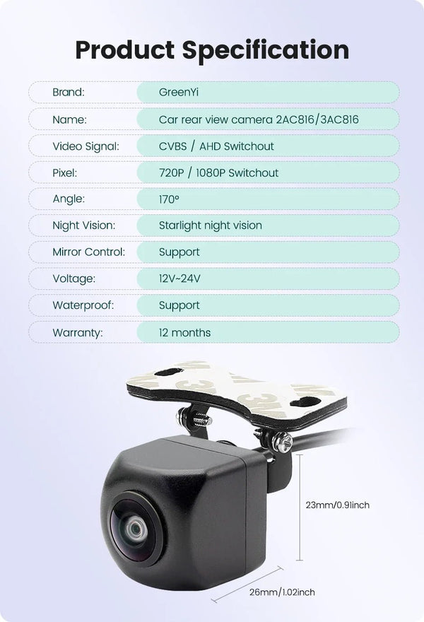 GreenYi AHD Car Rear View Camera 170 Degree Fisheye HD Night Vision Waterproof - stepyours.com