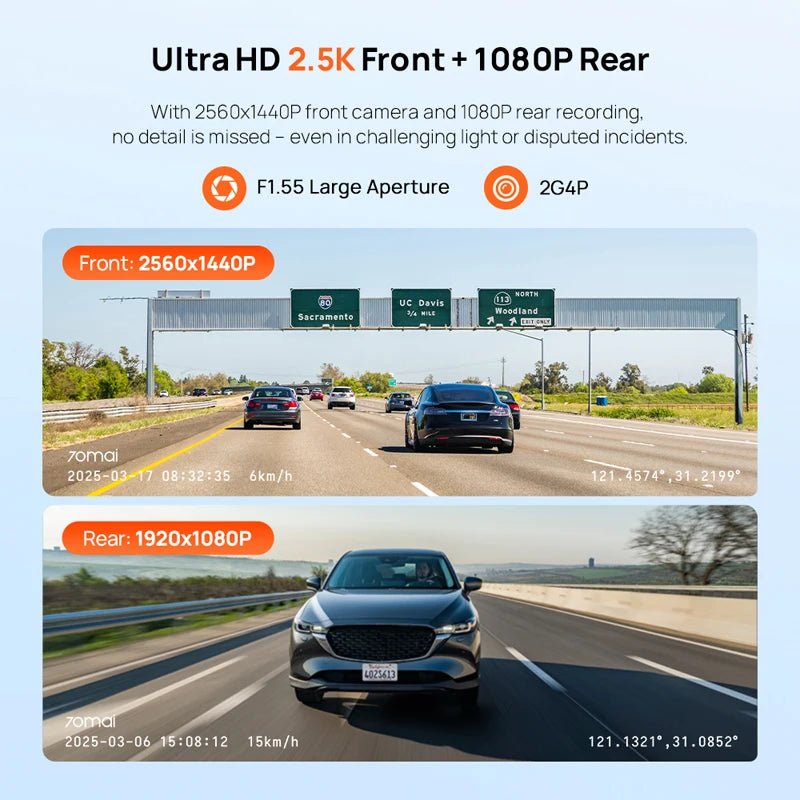 70mai Dash Cam A410 Front 1440P Rear 1080P Car DVR 256GB 24H Parking - stepyours.com