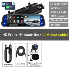 10 Inch 4K Dash Cam With CarPlay Android Auto GPS WiFi Rearview Mirror - stepyours.com
