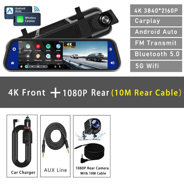 10 Inch 4K Dash Cam With CarPlay Android Auto GPS WiFi Rearview Mirror - stepyours.com