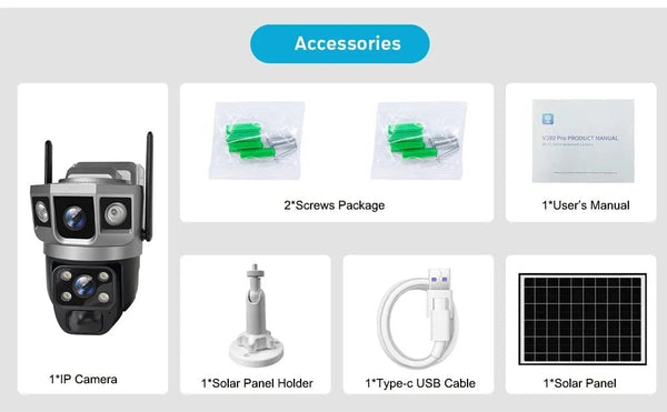 V380 Pro Solar Wifi Outdoor PTZ Dual Lens Camera Auto Tracking Hooks - stepyours.com