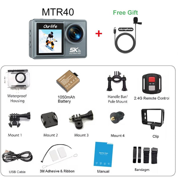 Ourlife MTR40 5K Action Camera 2 Inch IPS Touch Screen 5X Zoom 30M Waterproof - stepyours.com