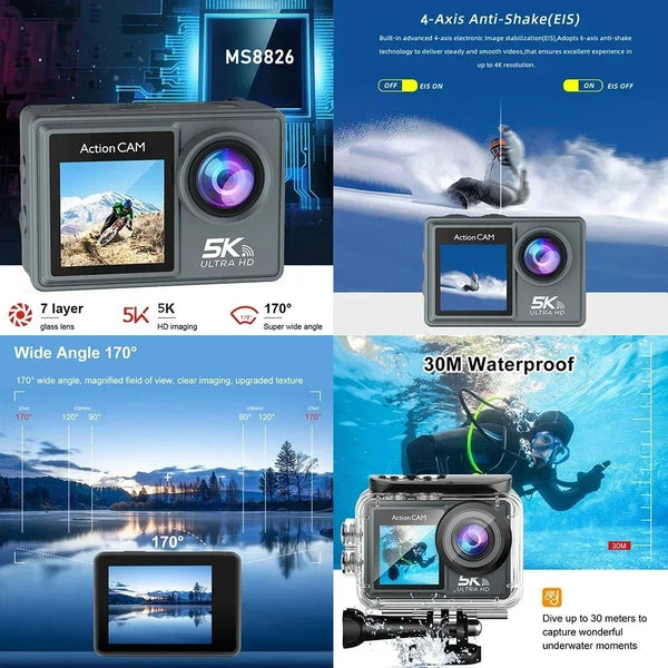 Adventure Ready Action Camera 5K 4K60FPS Dual IPS Touch LCD Waterproof 30M - stepyours.com