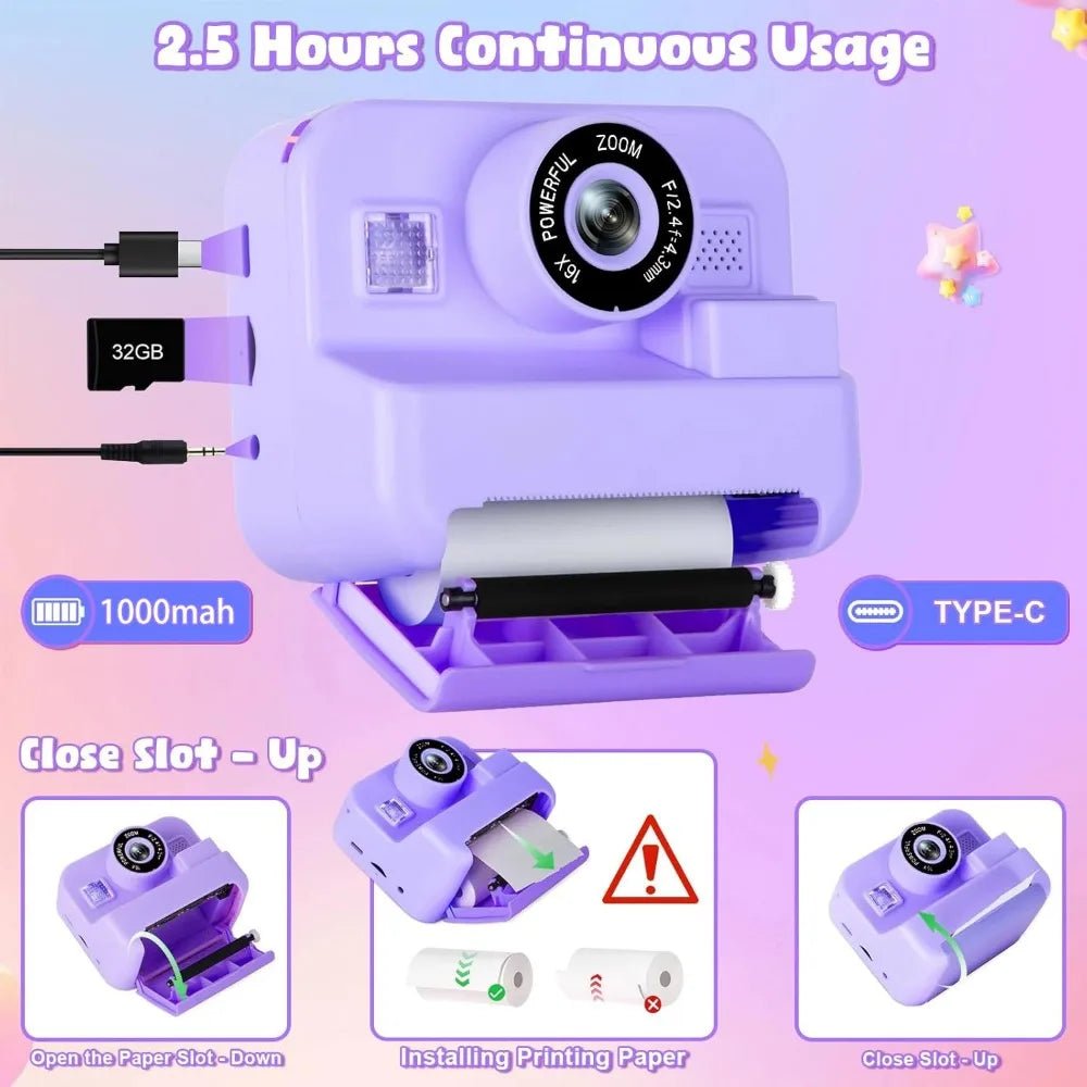 Educational Thermal Instant Print Camera 32GB Card 1080P For Kids Learning - stepyours.com