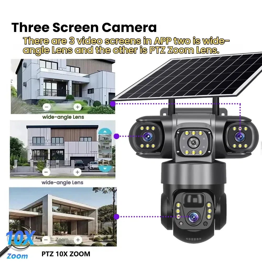 Solar Wireless Security Camera 12MP HD 3 Lens 10X Zoom IP66 Outdoor - stepyours.com