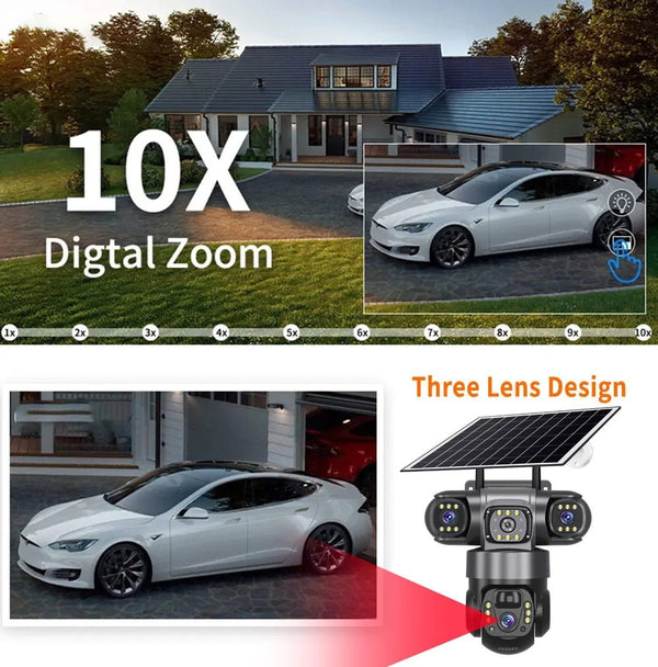 Solar 4G Outdoor Security Camera With 3 Lenses And 10X Zoom Night Vision - stepyours.com