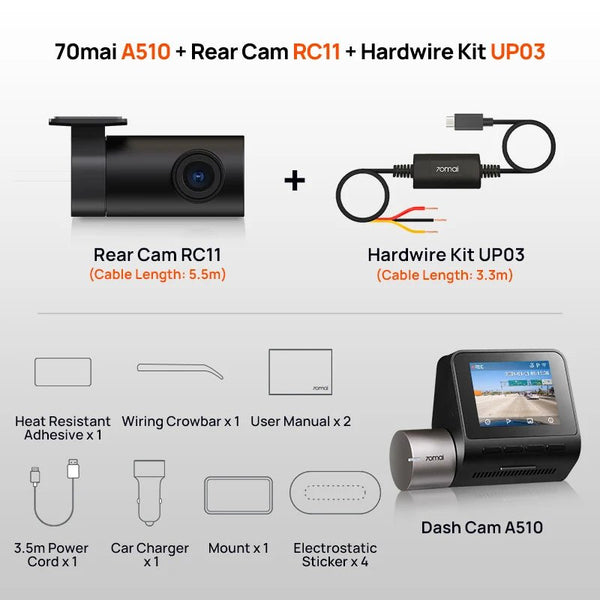 70Mai A510 Dash Cam 1944P HDR GPS ADAS 4G Front And Rear Car DVR - stepyours.com
