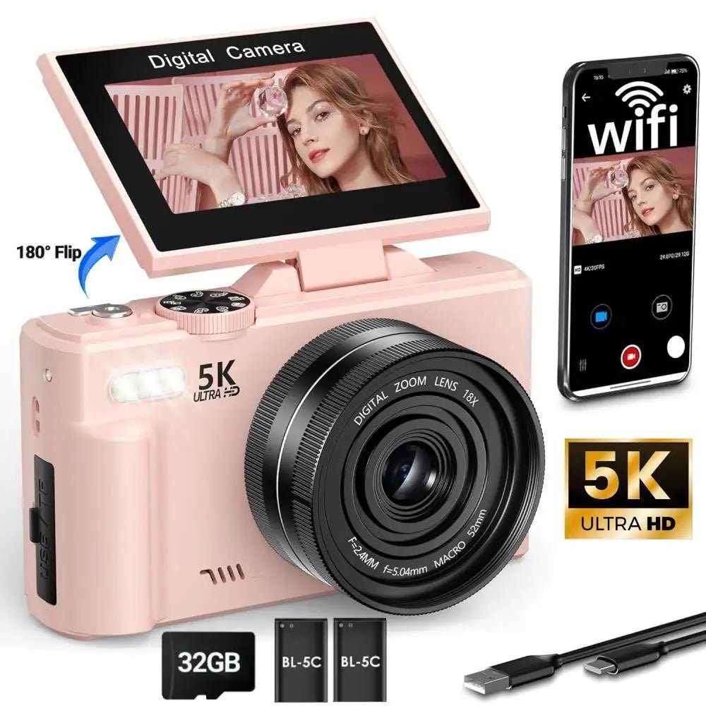 Amorus 5K Digital Camera 75MP 18X Zoom 180 Flip Screen WiFi For YouTube - stepyours.com