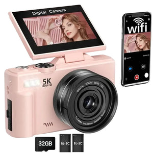 Amorus 5K Digital Camera 75MP 18X Zoom 180 Flip Screen WiFi For YouTube - stepyours.com