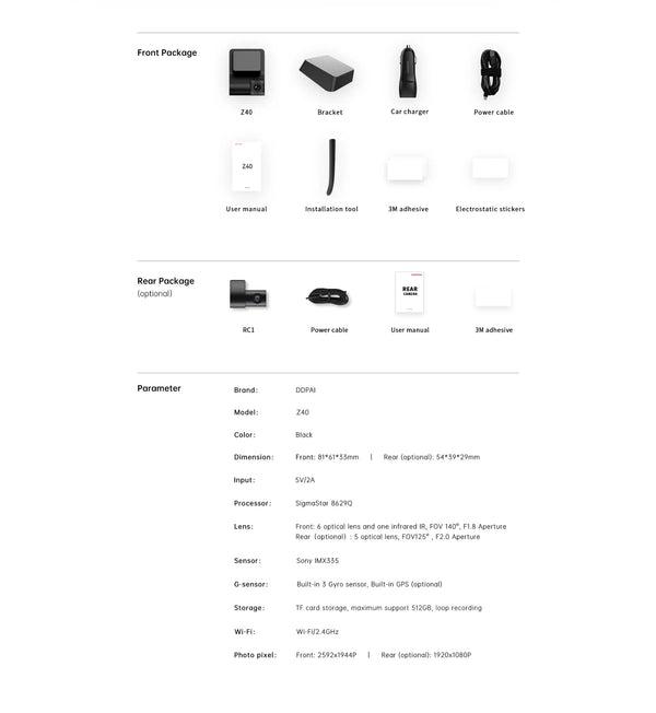 DDPAI Z40 Dash Cam Car Camera Sony IMX335 1944P GPS WiFi 360 Rotation - stepyours.com