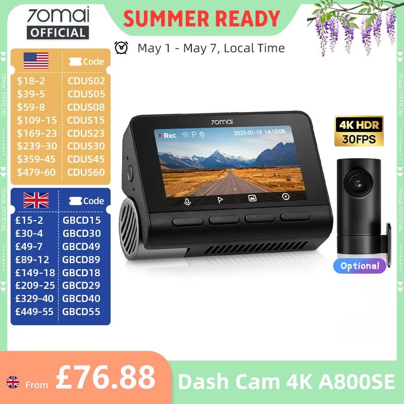 70mai Dash Cam 4K A800SE Dual Channel 24H Parking HDR WiFi 6 Voice Control - stepyours.com
