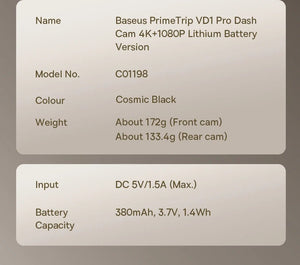 Baseus VD1 Pro 4K Dash Cam With Sony Sensor ADAS GPS WiFi6 STARVIS Night Vision - stepyours.com