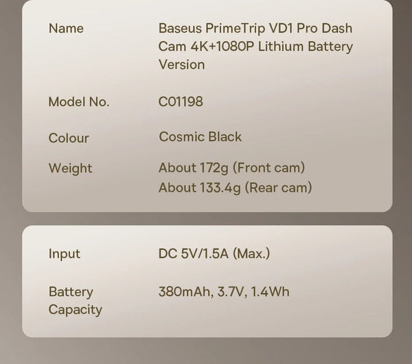 Baseus VD1 Pro 4K Dash Cam With Sony Sensor ADAS GPS WiFi6 STARVIS Night Vision - stepyours.com