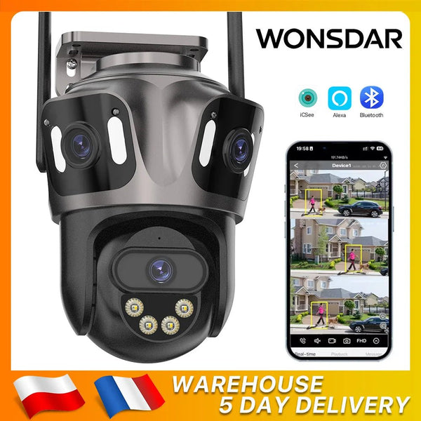 WONSDAR Three Screen WIFI IP Camera Outdoor - Dual Lens AI Human Detection Hooks - stepyours.com