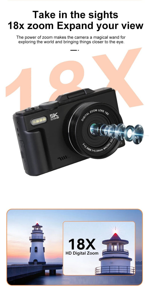 Ourlife Compact 5K Digital Camera With 18X Zoom 75MP 180 Flip Screen WiFi - stepyours.com