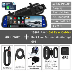 10 Inch 4K Dash Cam With CarPlay Android Auto GPS WiFi Rearview Mirror - stepyours.com