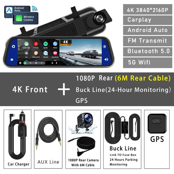10 Inch 4K Dash Cam With CarPlay Android Auto GPS WiFi Rearview Mirror - stepyours.com