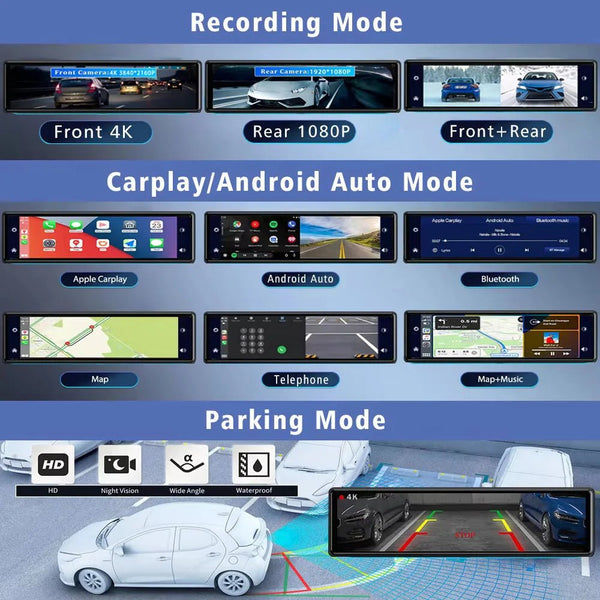 11.26 Inch 4K Dash Cam With CarPlay Android Auto Dual Lens WiFi GPS Bluetooth - stepyours.com
