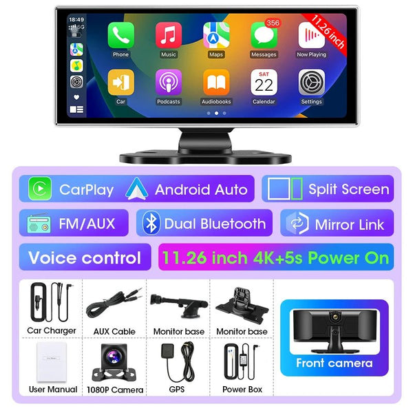 11.26 Inch 4K Dual Lens Dash Cam With Wireless CarPlay Android Auto GPS WiFi - stepyours.com