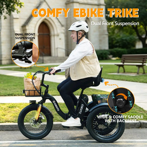 ESKUTE T300 E Trike Electric Bike, Peak Brushless Motor Folding Trike 18X3.0 Fat Tire Ebike, 624Wh Removable Battery, Step-Thru 3 Wheel Electric Bicycle, Up to 65 Miles, 18MPH+ Tricycle for Adults