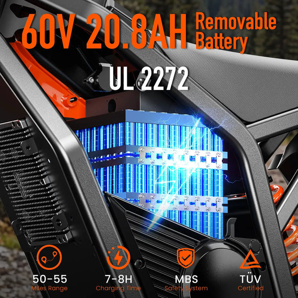 Spacewalk 3000W Electric Dirt Bike 60V 20.8Ah Removable Battery 37MPH 200N.M Torque 14"/12" Fat Tires Front/Rear Hydraulic Brakes LED Headlight Off-Road E-Moto UL2272 for Adults & Teens